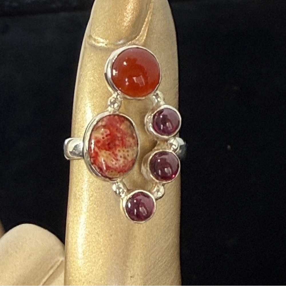 STERLING SILVER  - Ring with Carnelian, Turquoise and Garnet Stones.